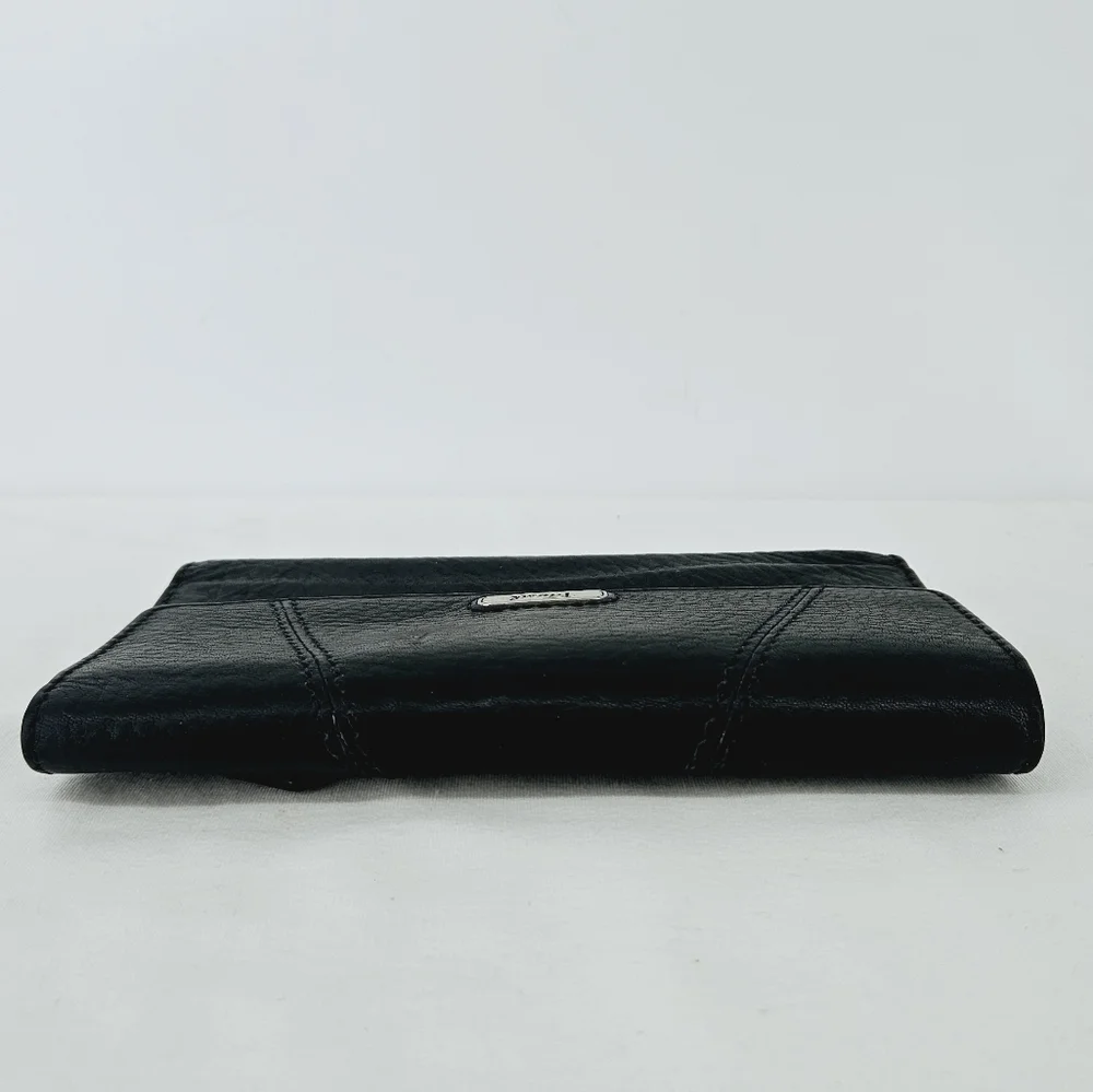 Fossil Black Leather Tri-Fold Organizer Wallet Checkbook Clutch
